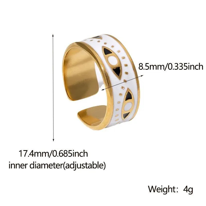 Gold and white adjustable ring with measurements and weight details on a white background