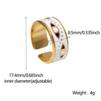 Gold and white adjustable ring with measurements and weight details on a white background